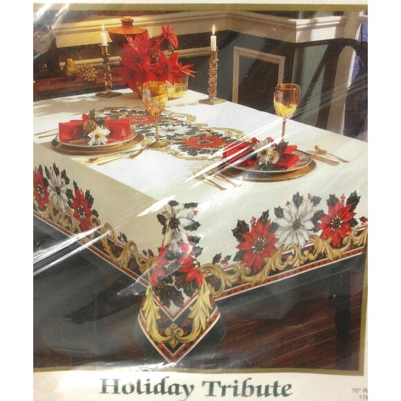 Vintage Bardwil Linens Christmas Tablecloth 70” Round Poinsettia Classic Holiday - Picture 5 of 5